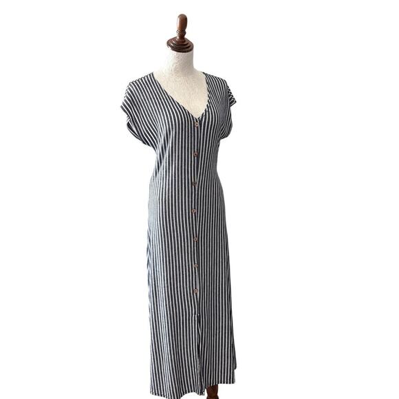 Caution to the Wind Stripe Button Front Dress Navy Nautical Beachy White Large - Picture 1 of 7